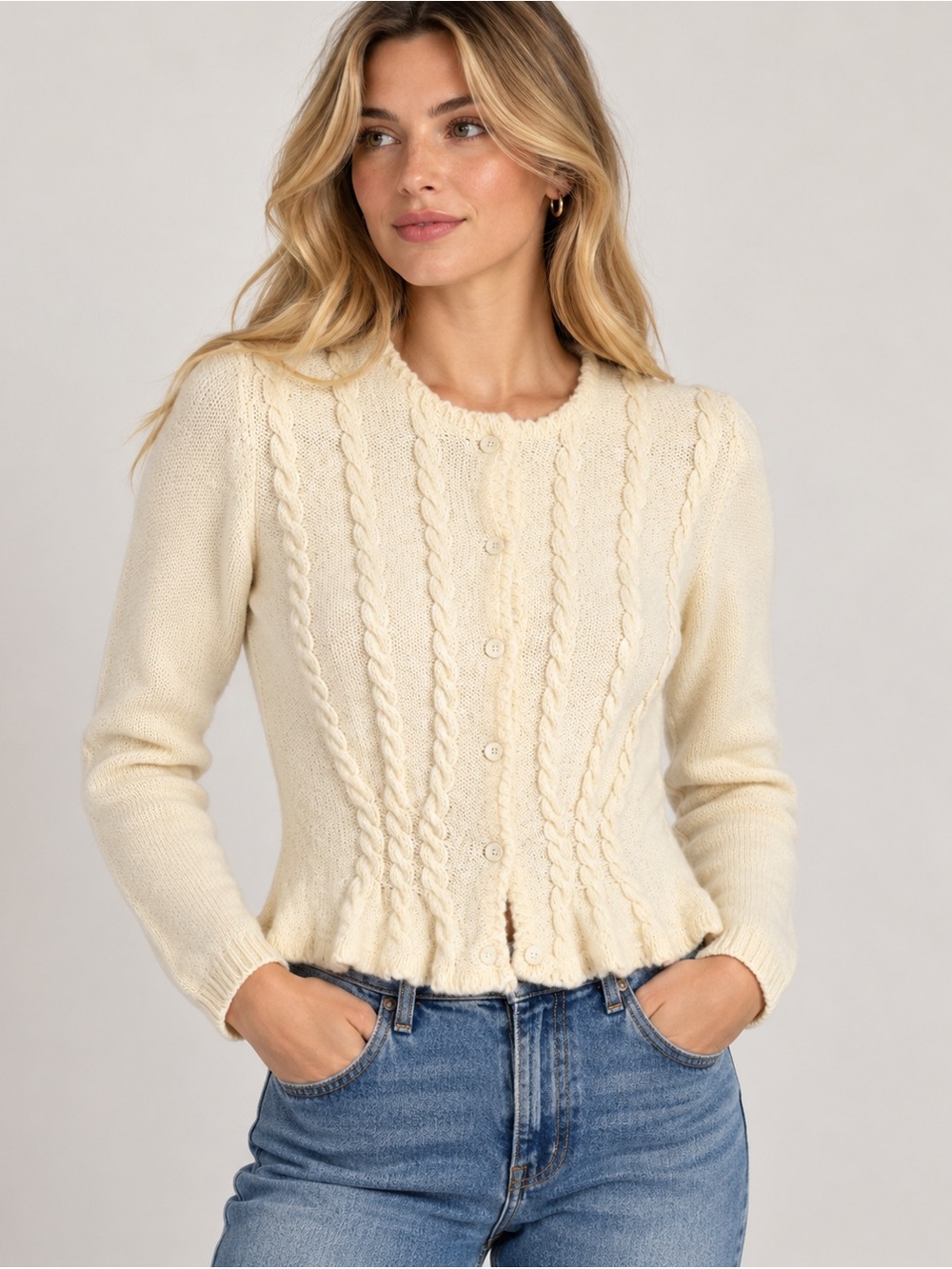 Cream Cable-Knit Button Front Cardigan Sweater